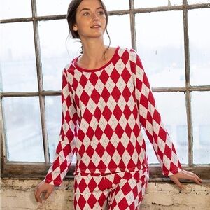 NWT Leveret Red and White Argyle 100% Cotton Pajama Long Sleeve Sleep Top